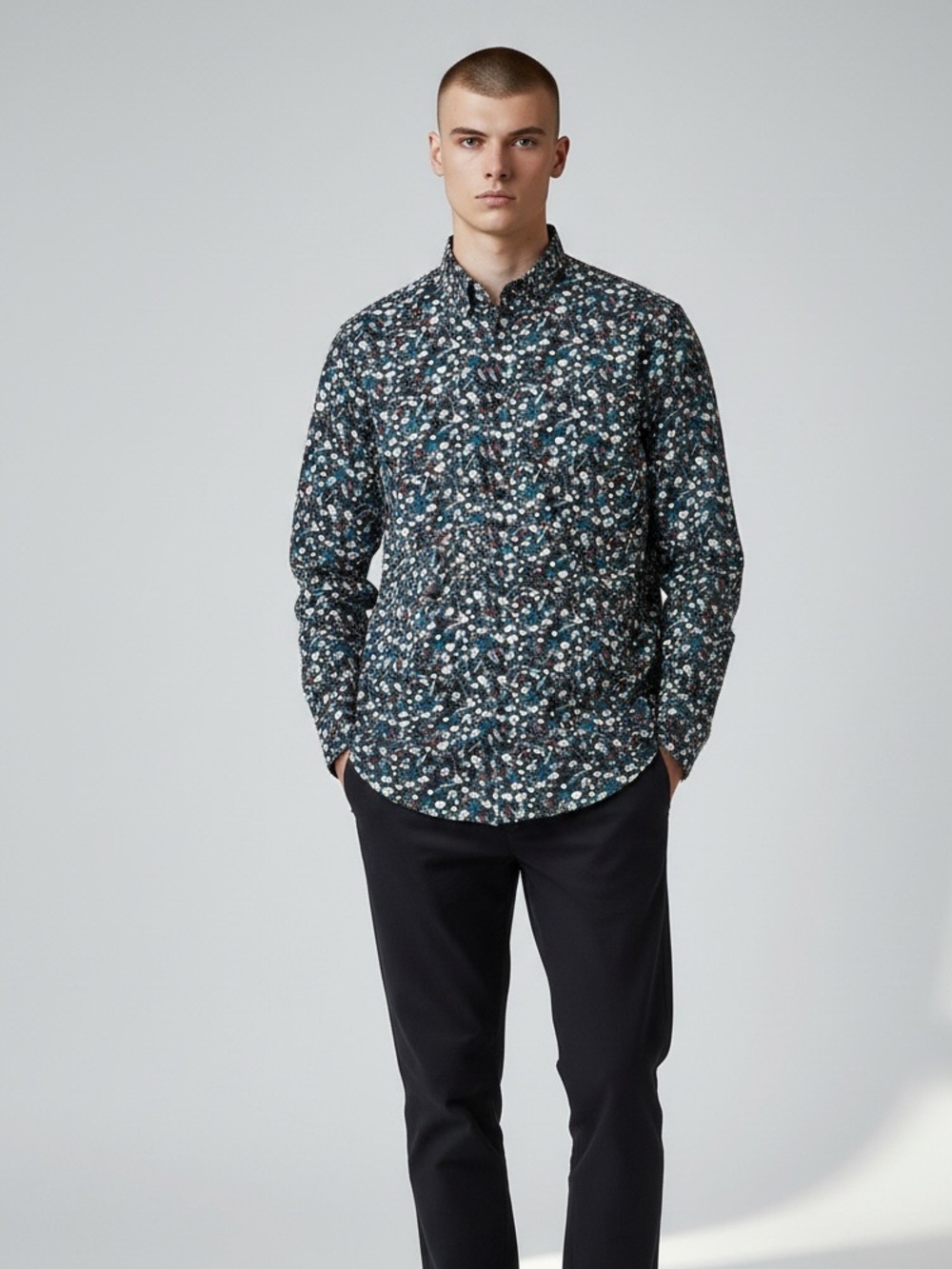 Zara Man Floral Button Front Shirt Navy Long Sleeve Men's Small Slim Fit